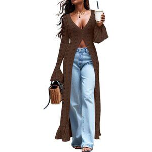 Maxi Long Brown Cardigan Sweaters For Women Sleeve Ruffle Cover Up Fall Dress
